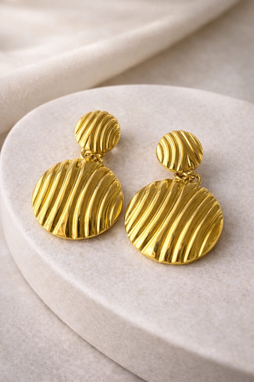 Textured Gold Disc Drop Earrings